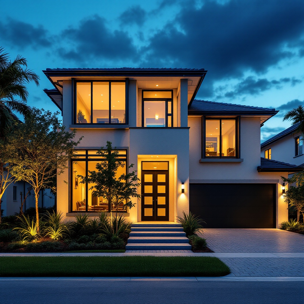 South Florida home at dusk with impact windows