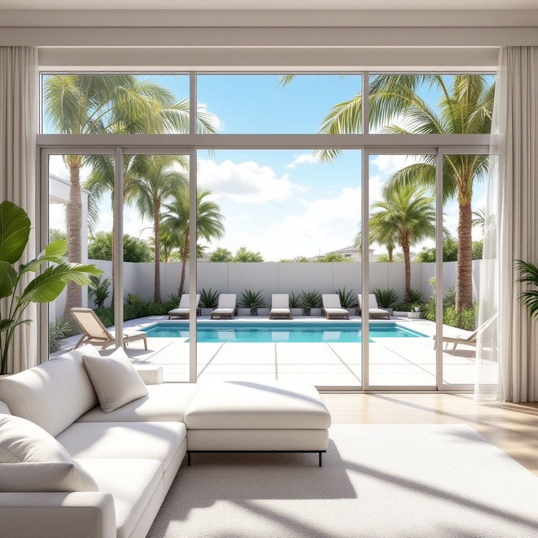 Interior view onto backyard through impact glass